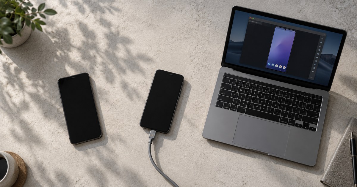 A physical phone, a phone connected by a network cable, and an Android emulator running on a laptop