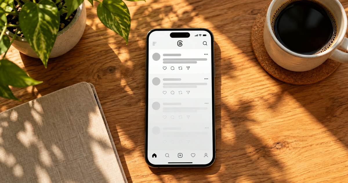 A phone on a sunlit desk showing a text-post feed whose lower posts fade to grey