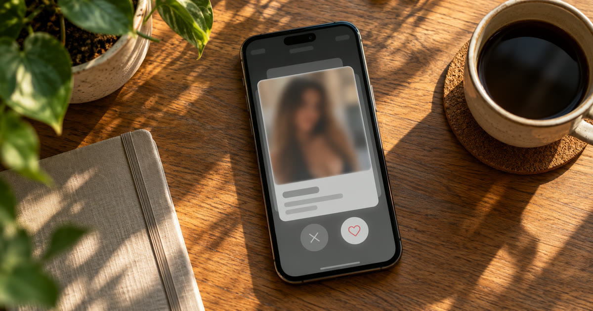 A phone on a sunlit desk showing a faded dating-app profile card that nobody sees