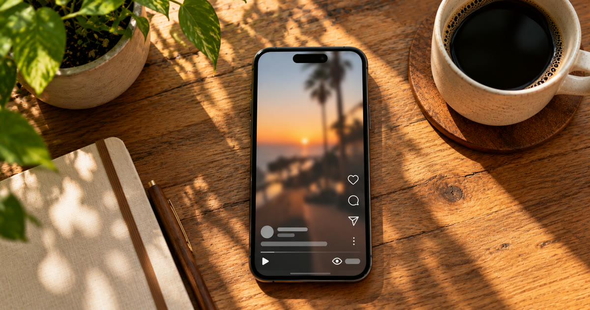 A phone on a sunlit desk playing a reel, with an eye icon beside an empty view counter