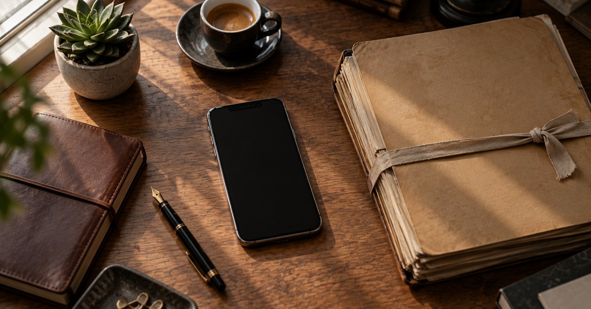 A phone beside a thick bundle of old papers tied shut