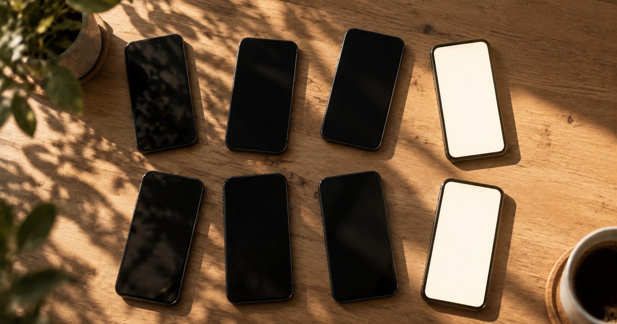 Eight phones on a table, six in shadow with dark screens and two still lit in sunlight