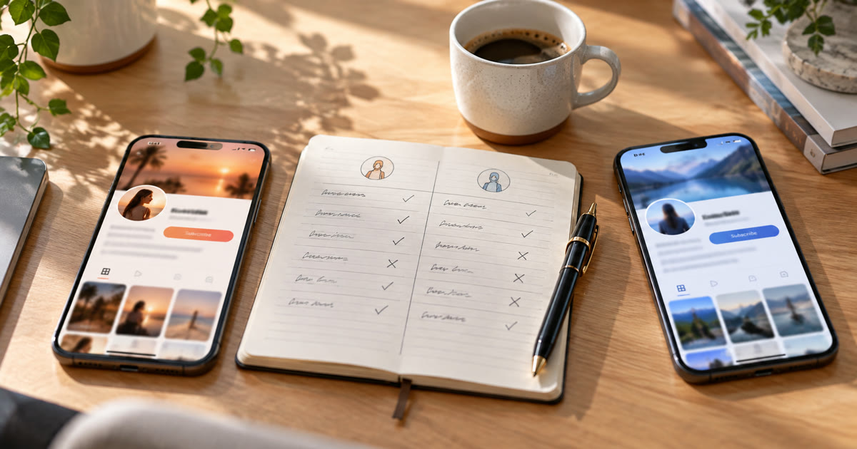 Two phones on a sunlit desk showing a warm and a blue creator subscription page, with a notebook comparison of ticks and crosses between them