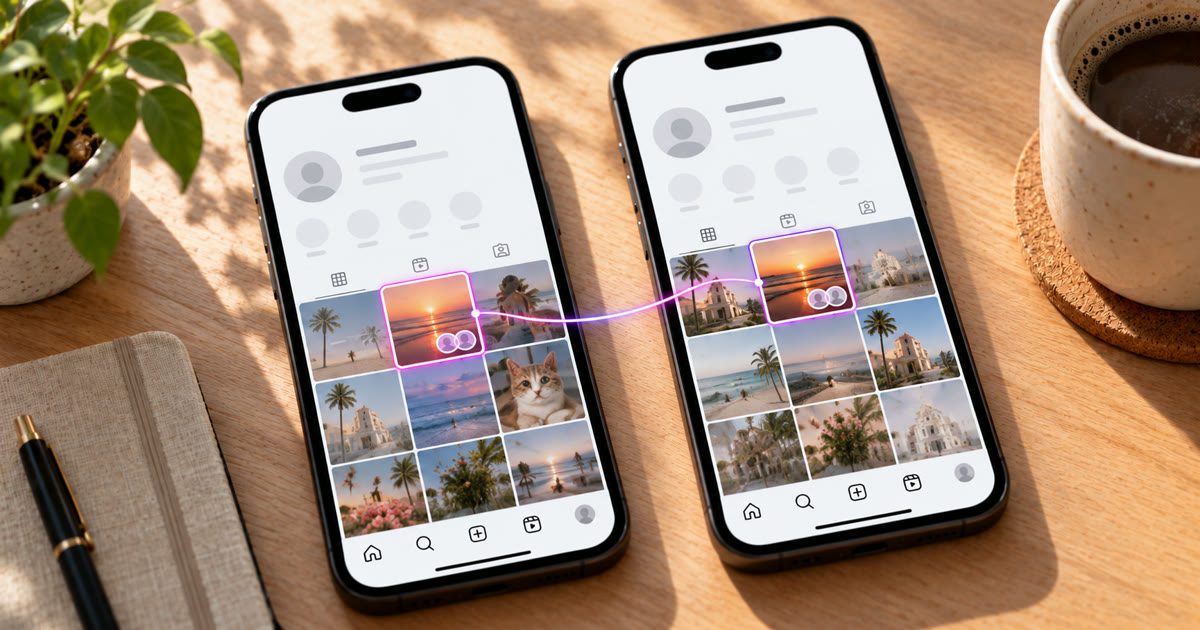 Two phones on a desk showing two Instagram profile grids with the same sunset collab post highlighted and linked on both