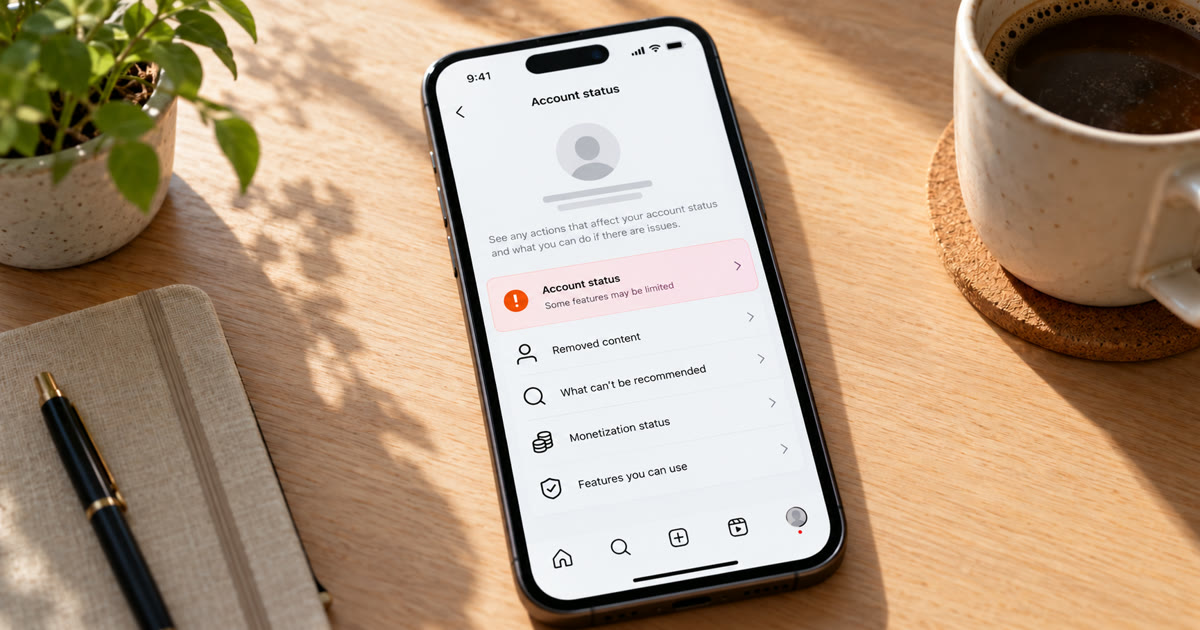 A phone on a sunlit desk showing Instagram's Account Status screen with a warning and a What can't be recommended option