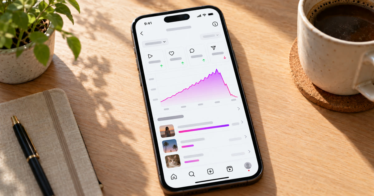 A phone on a sunlit desk showing Instagram insights with a reach chart that climbs and then drops sharply
