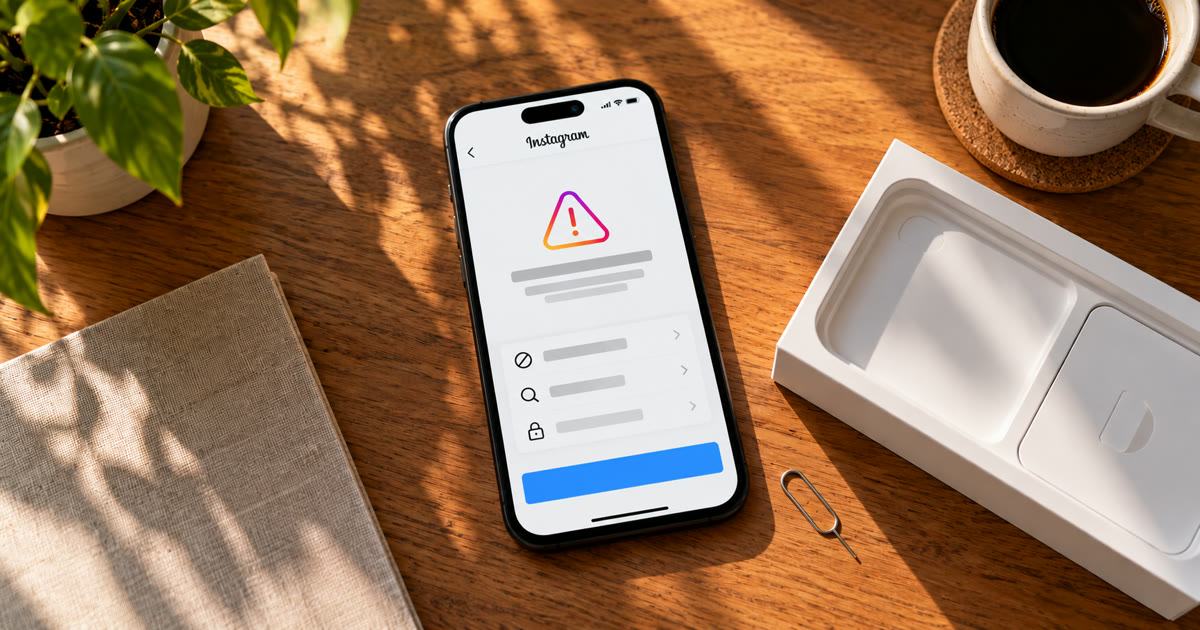 A new phone beside its open box on a sunlit desk, showing an Instagram warning screen