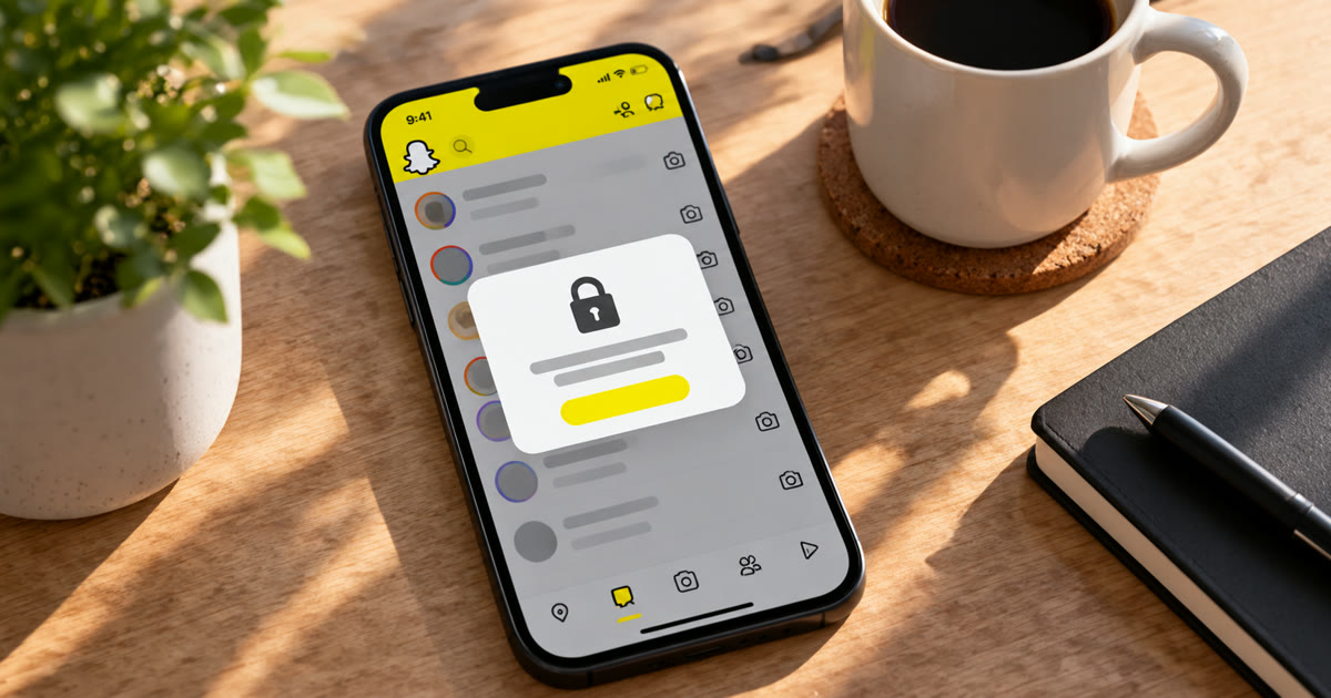 A phone on a sunlit desk showing Snapchat's chat list with a padlock notice over it, next to a coffee mug and a notebook