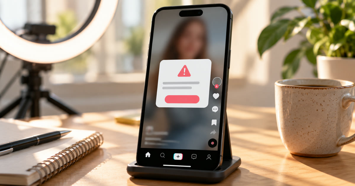 A phone in a stand on a sunlit desk, a ring light behind it, showing a short-video app with a warning notice over the video