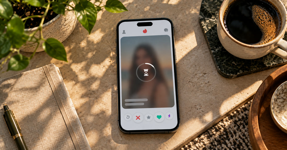 A phone on a sunlit desk showing a blurred dating profile with an hourglass loading symbol over it