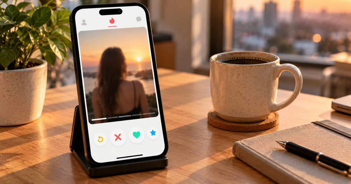 A phone in a stand on a desk at sunset showing a Tinder profile card with the swipe buttons underneath, next to a coffee mug