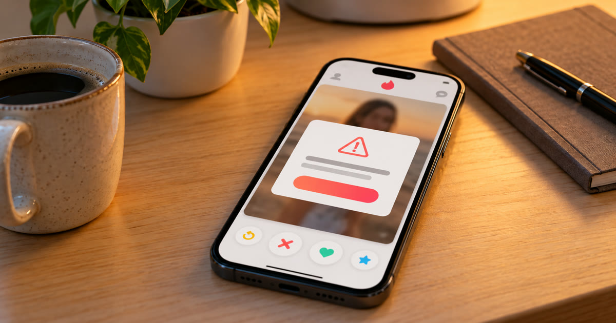 A phone on a wooden desk showing Tinder with a warning notice over a profile card, next to a coffee mug and a notebook