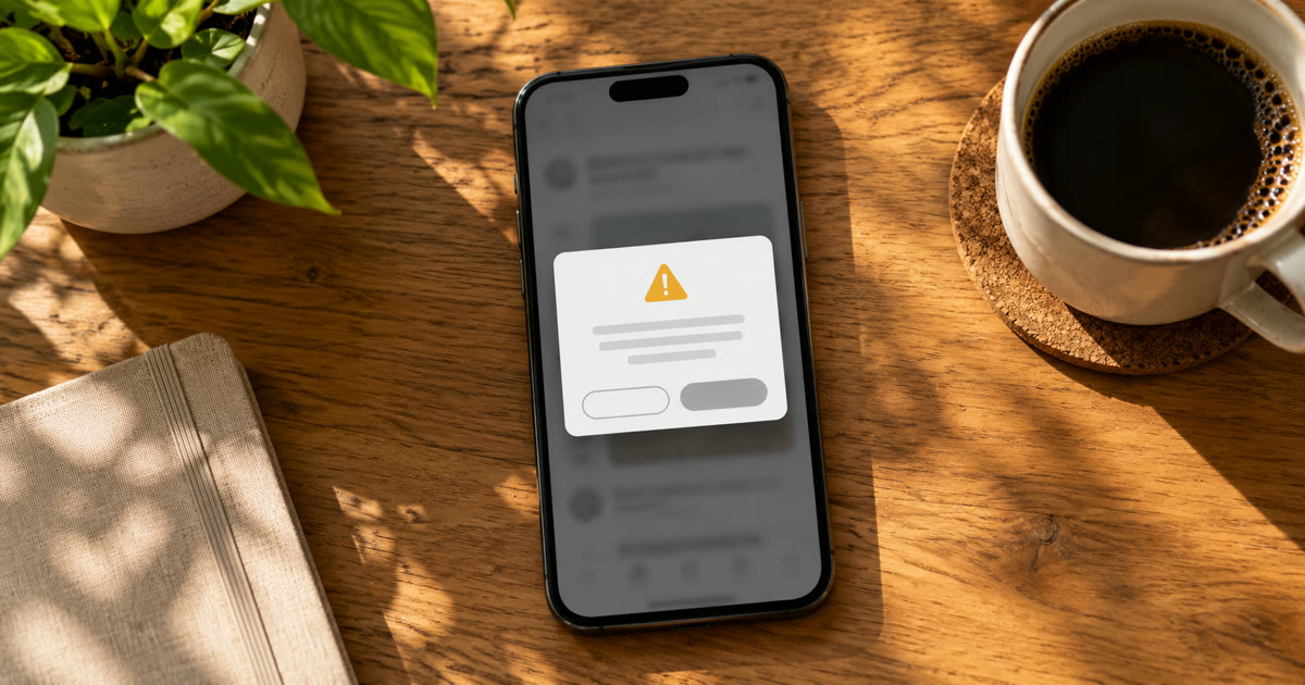 A phone on a sunlit desk showing a warning dialog over a blurred, greyed-out feed