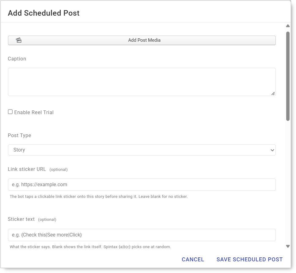 Add Scheduled Post composer with Post Type set to Story, showing the Link sticker URL and Sticker text fields