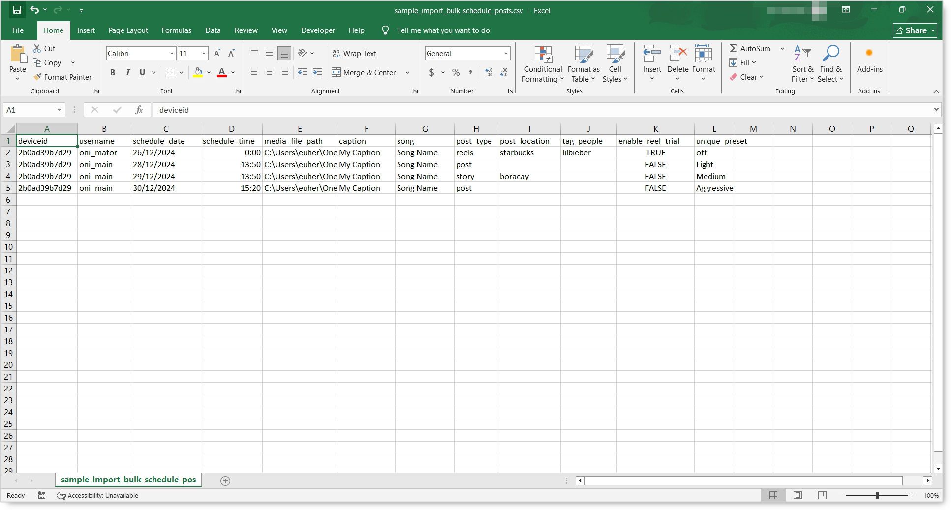 Sample scheduled-posts CSV in Excel with all twelve columns, from deviceid to unique_preset, and example rows for reels, posts and stories
