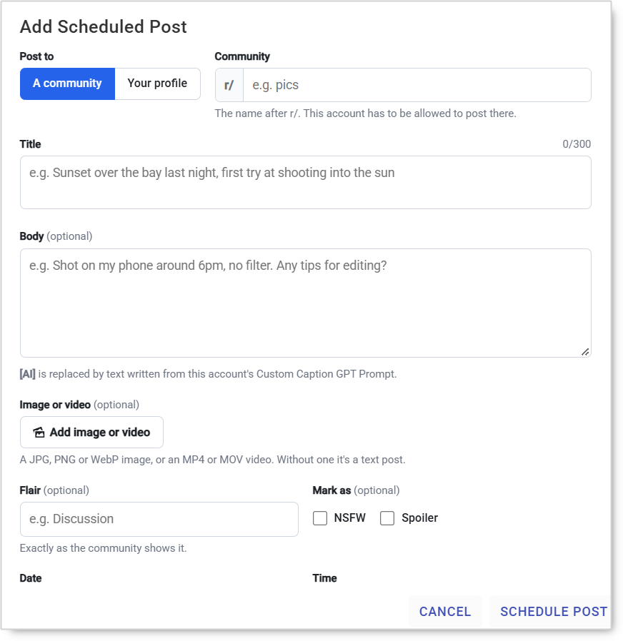Add Scheduled Post dialog for Reddit with Post to, Community, Title, Body, Image or video, Flair, Mark as, Date and Time fields