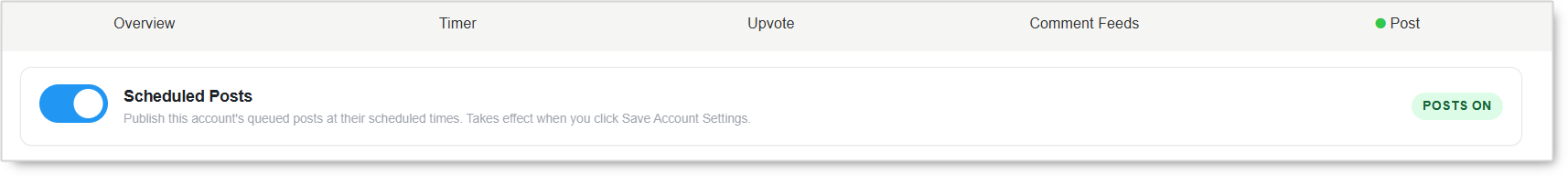Scheduled Posts toggle switched on with the POSTS ON badge on the Reddit Post tab