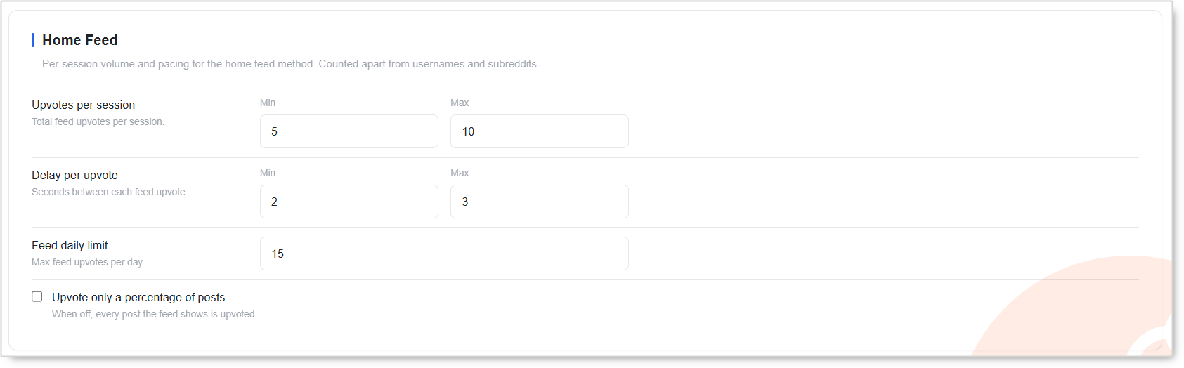Home Feed settings: Upvotes per session, Delay per upvote, Feed daily limit and Upvote only a percentage of posts