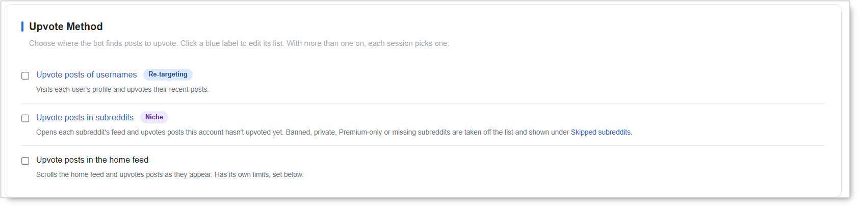Upvote Method with three options: Upvote posts of usernames, Upvote posts in subreddits and Upvote posts in the home feed