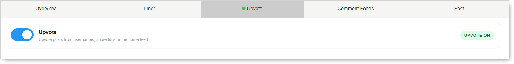The Reddit account's Upvote tab with the Upvote toggle on and the UPVOTE ON badge