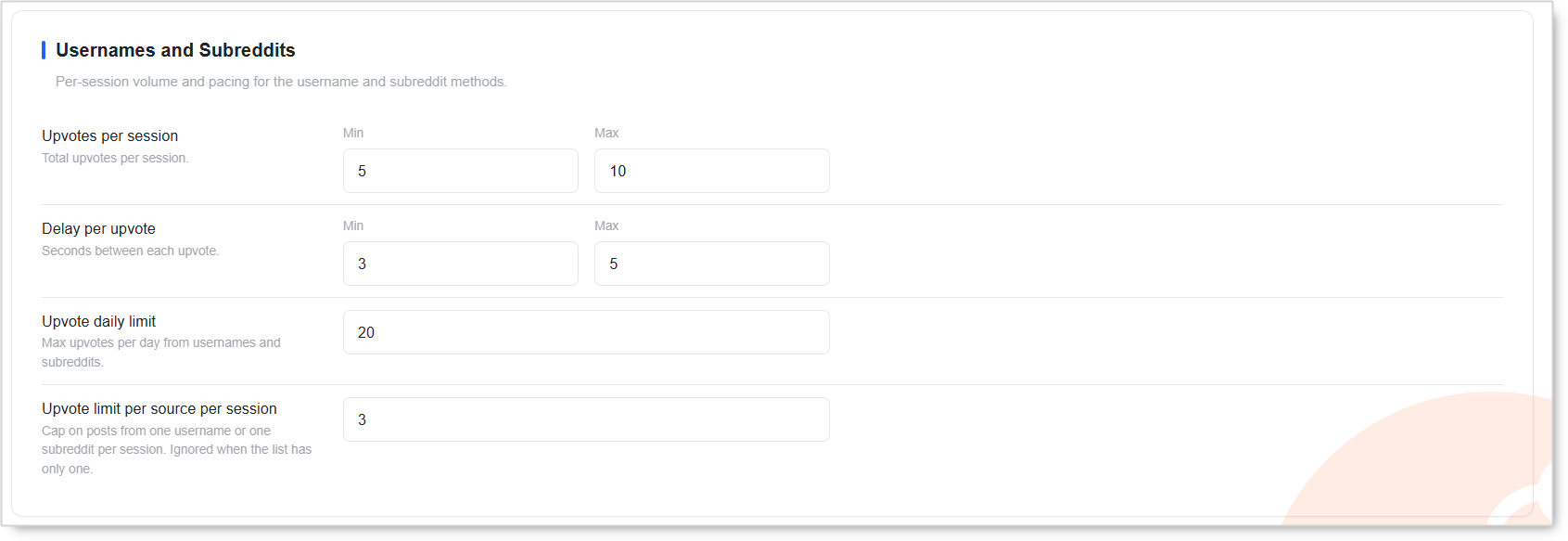 Usernames and Subreddits settings: Upvotes per session, Delay per upvote, Upvote daily limit and Upvote limit per source per session