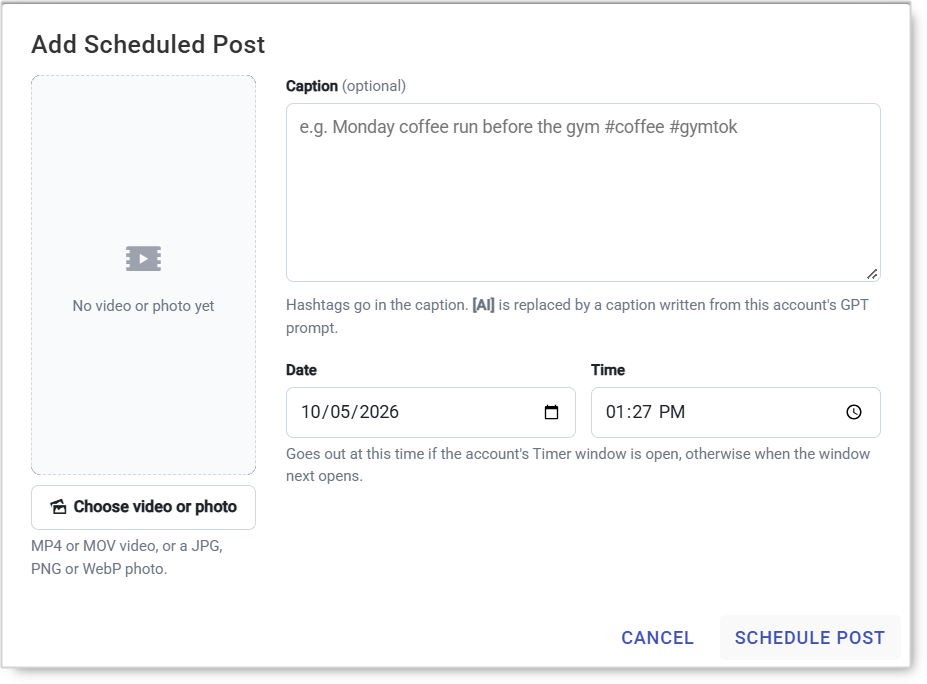 Add Scheduled Post dialog with Choose video or photo, Caption, Date and Time fields