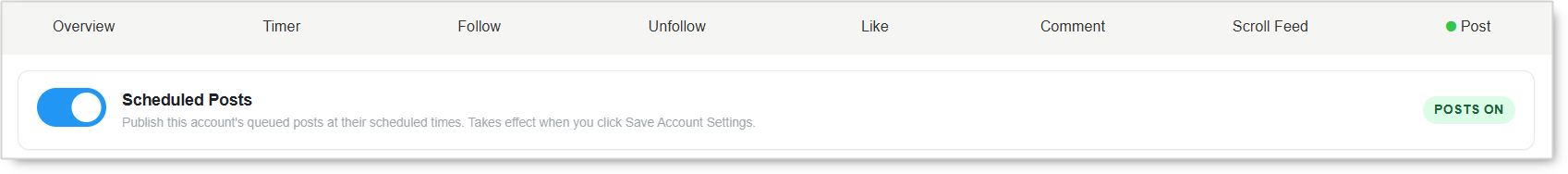 Scheduled Posts toggle switched on with the POSTS ON badge