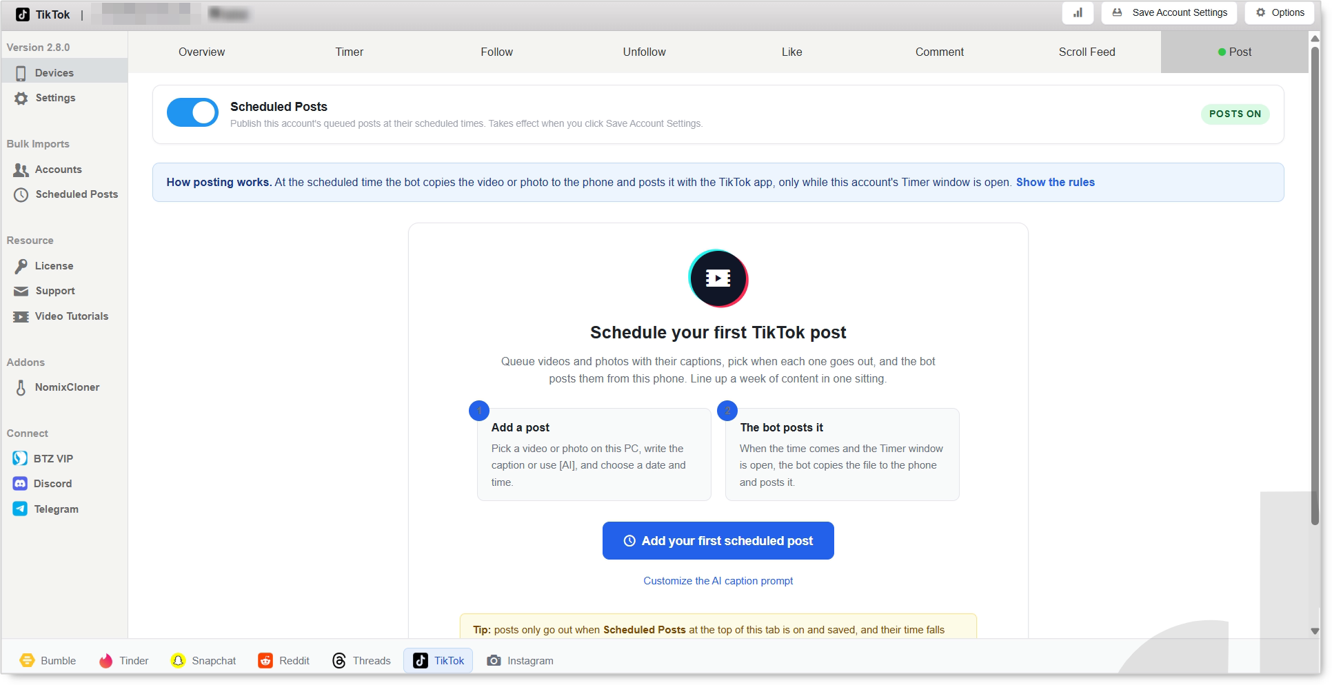 The TikTok account's Post tab with Scheduled Posts turned on and the Add your first scheduled post button