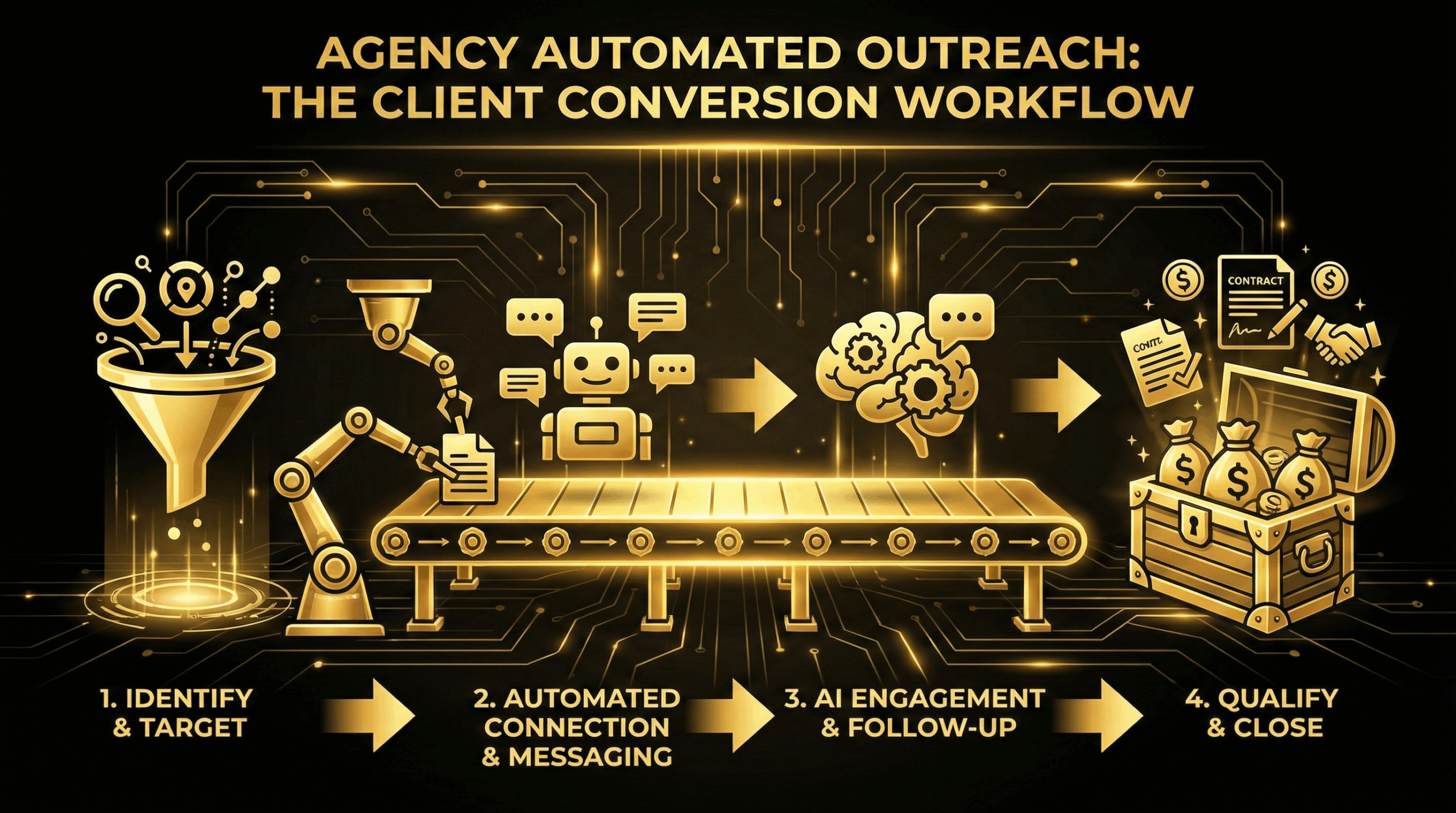Agency client conversion workflow: identify and target, automated connection, AI engagement, qualify and close.