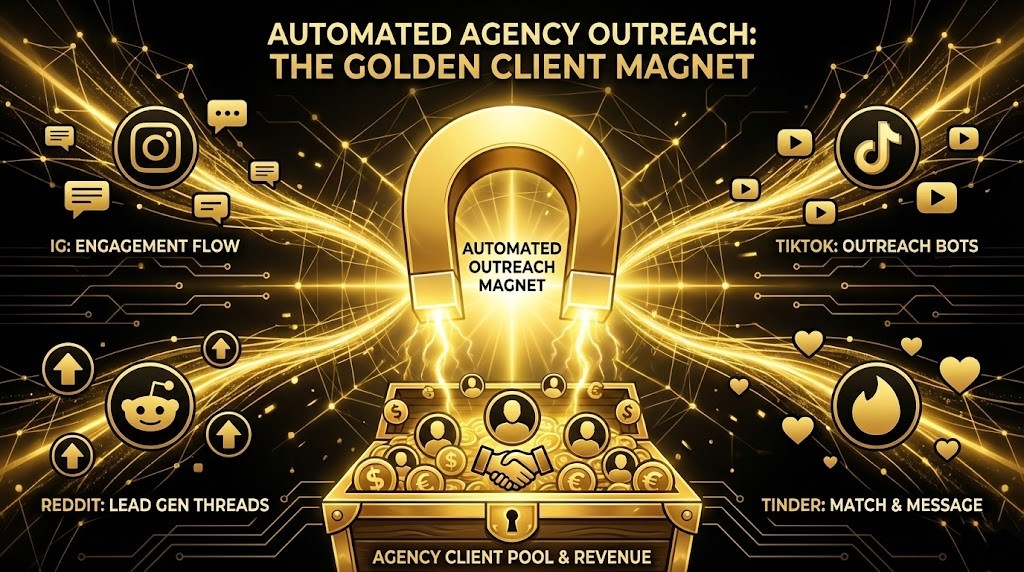 Automated agency outreach magnet showing Instagram, TikTok, Reddit and Tinder feeding a client pipeline.