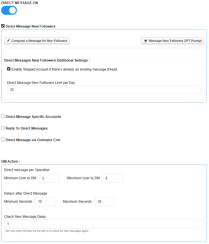 Onimator Direct Message task for new followers with daily limits and delay settings.