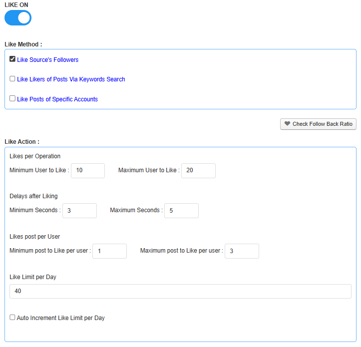 Onimator Like task configuration with daily limits and delays.