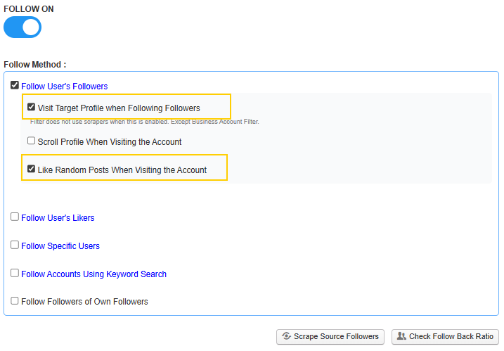 Onimator Follow settings with options like visiting profiles and liking posts.