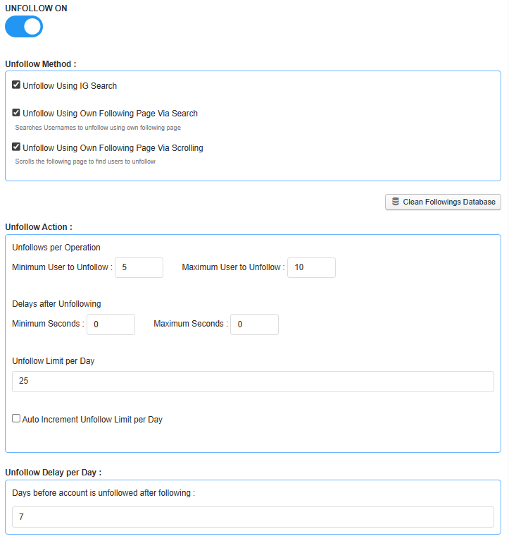 Onimator Unfollow settings with limits and delay controls.