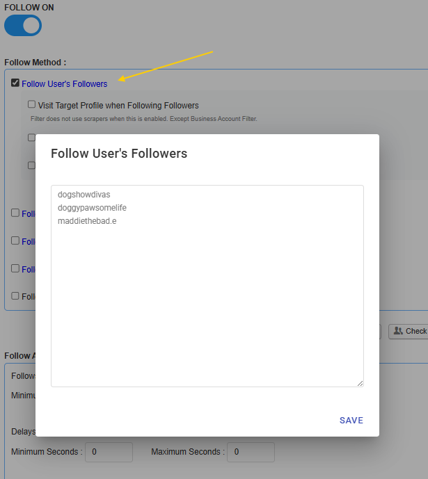 Onimator Follow task selecting followers of source accounts.