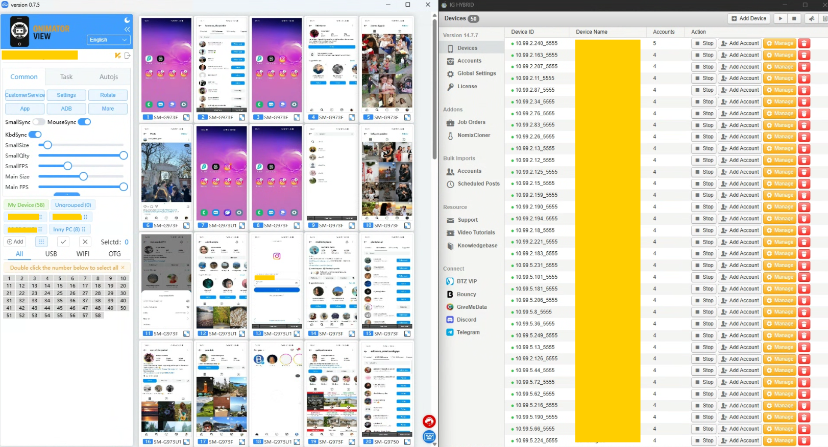 Onimator device management view for running automations on multiple devices.