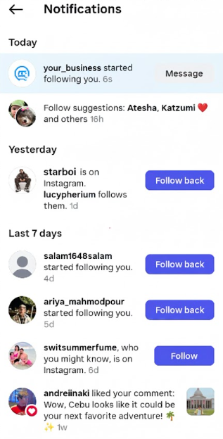 Instagram notifications showing new followers and activity prompts.