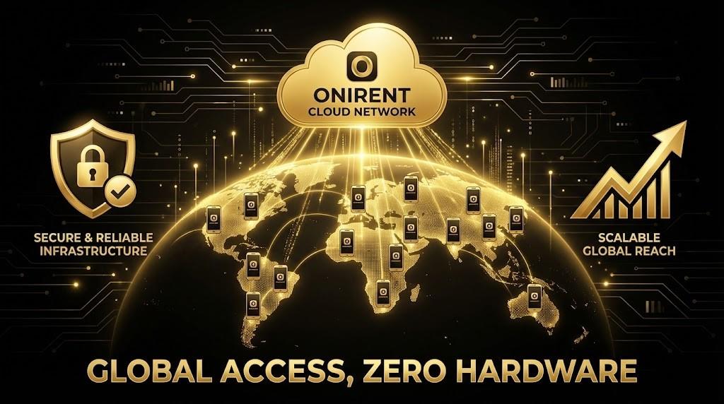 Onirent cloud network enabling global access with zero hardware.
