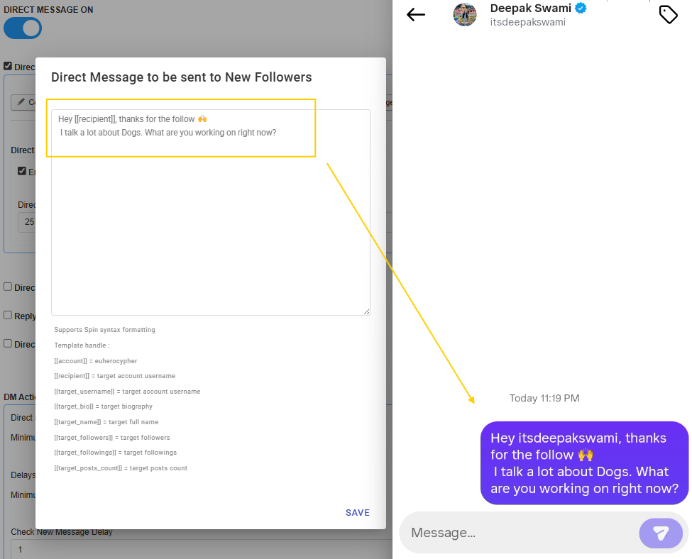 Example welcome DM message template and an Instagram chat view showing the message received.