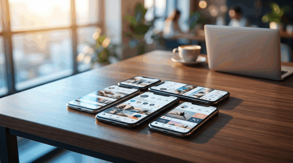 Five smartphones arranged on a walnut desk in a modern agency workstation