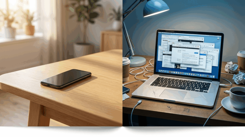 Real device automation vs browser bots: clean phone next to cluttered laptop